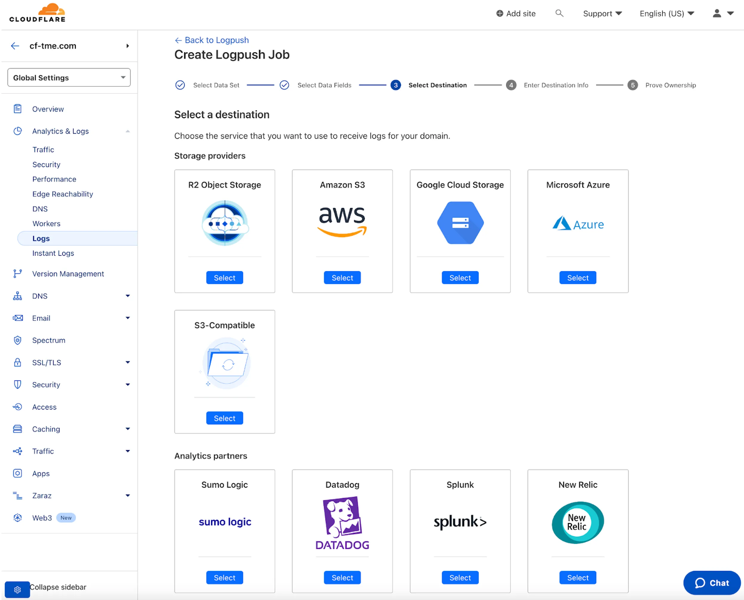 Figure 8: Cloudflare Logpush for exporting logs to external destinations