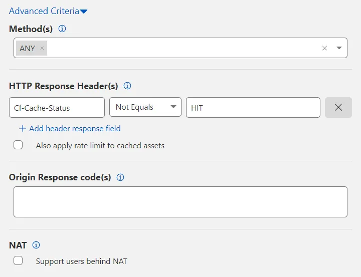 Available fields when configuring Advanced Criteria for a rate limiting rule.